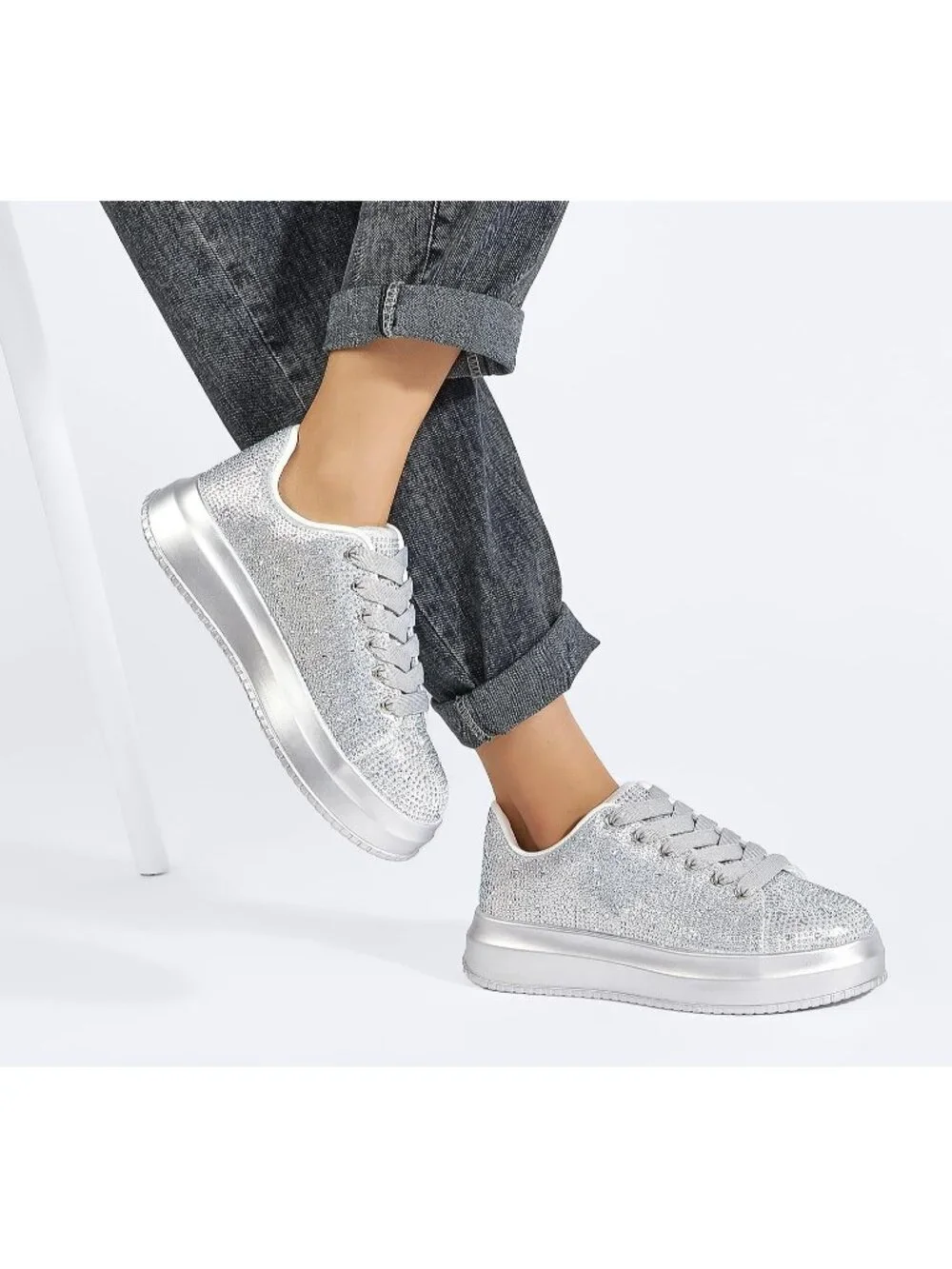 🆕Women's Silver Sparkly Glitter Bling Tennis Rhinestone Platform Sneakers